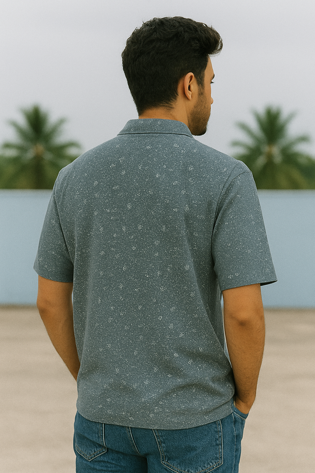 ACID-Washed Half-Zip Polo T-Shirt β Premium Speckled Finish ( Grey)