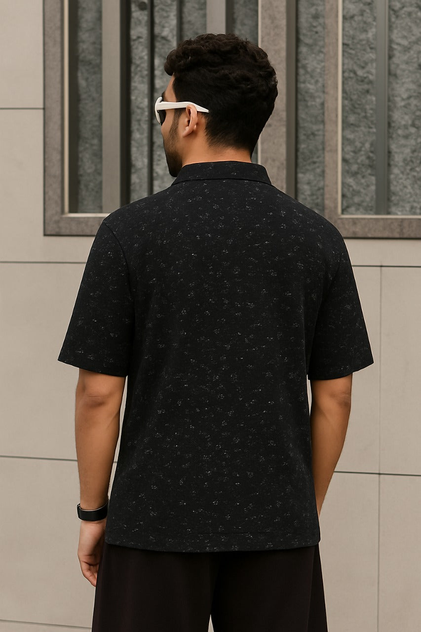 Half-Zip Speckled Polo Streetwear Tee – Black