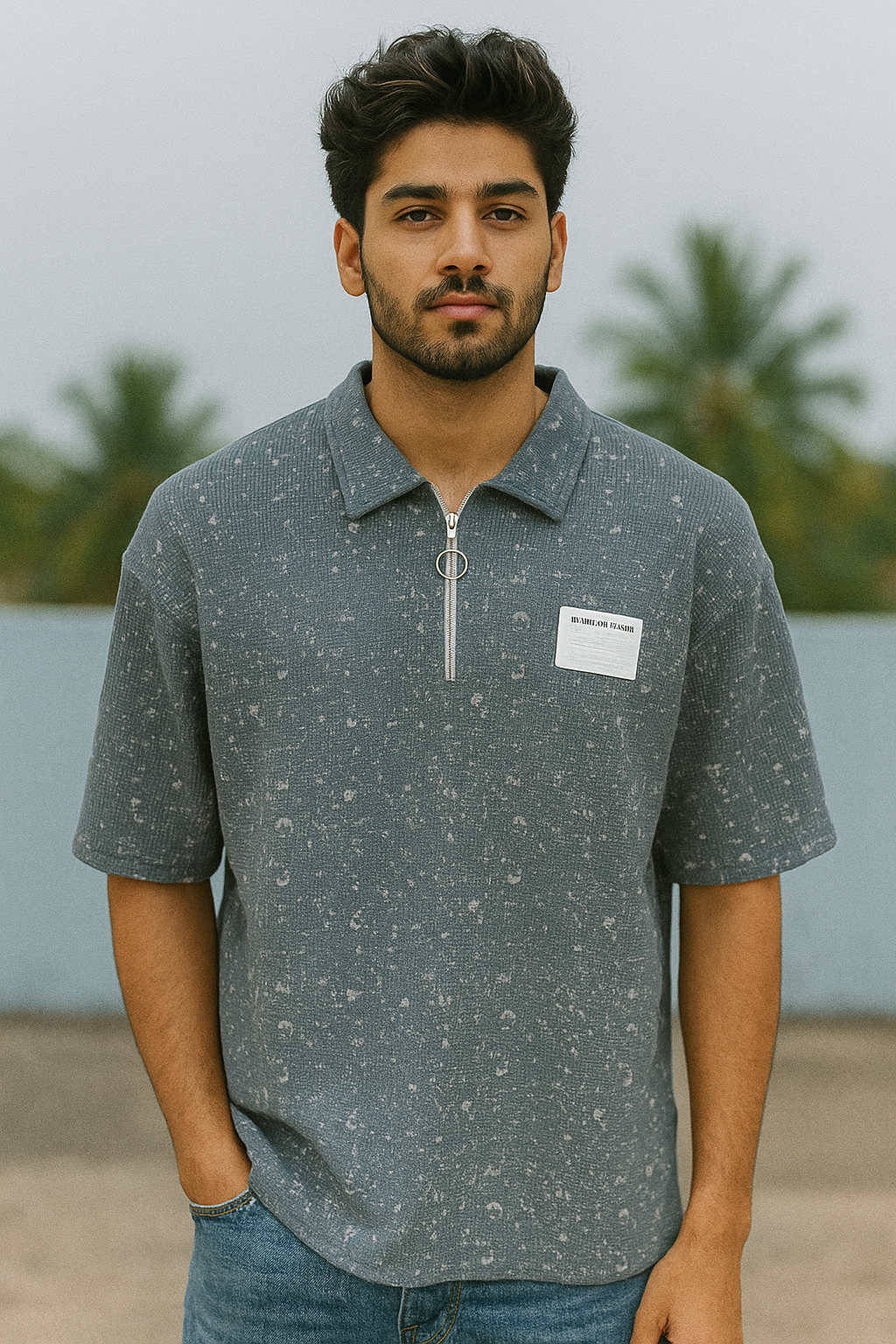 ACID-Washed Half-Zip Polo T-Shirt