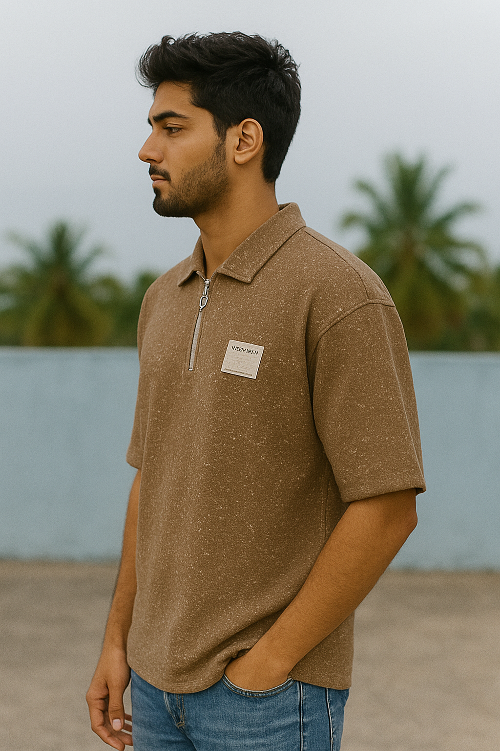 Men’s Half-Zip Polo T-Shirt – Brown Speckled