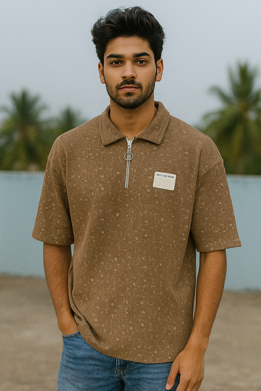 Men’s Half-Zip Polo T-Shirt – Brown Speckled