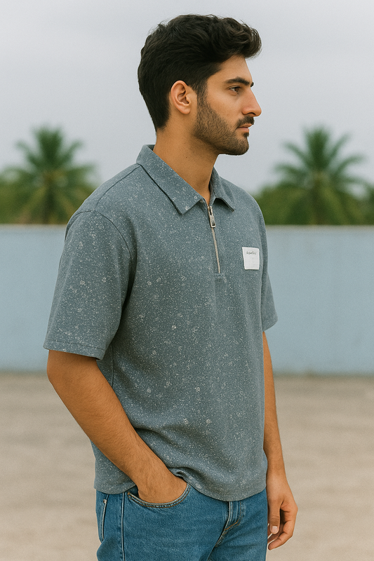 ACID-Washed Half-Zip Polo T-Shirt – Premium Speckled Finish ( Grey)