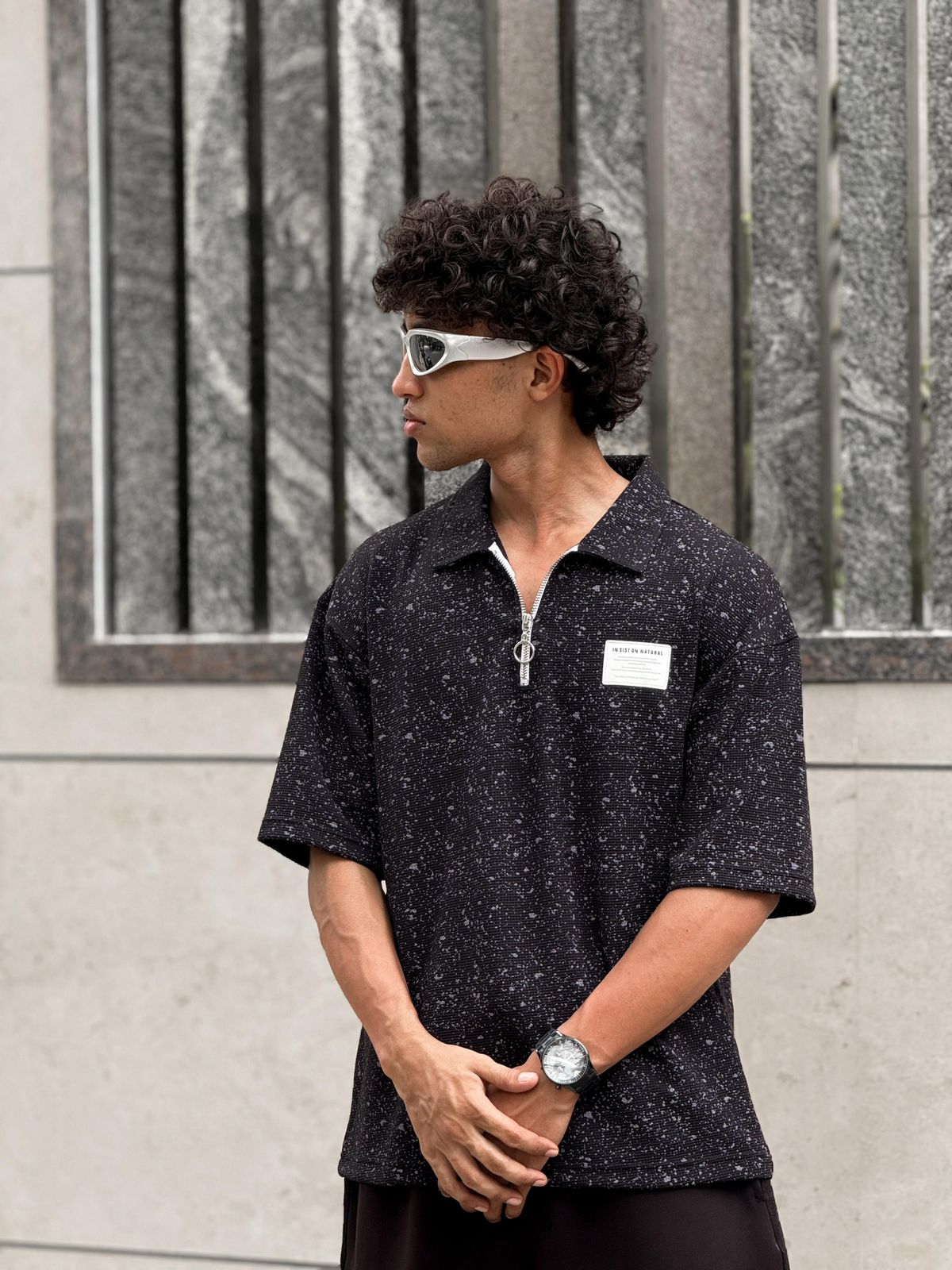 Half-Zip Speckled Polo Streetwear Tee – Black