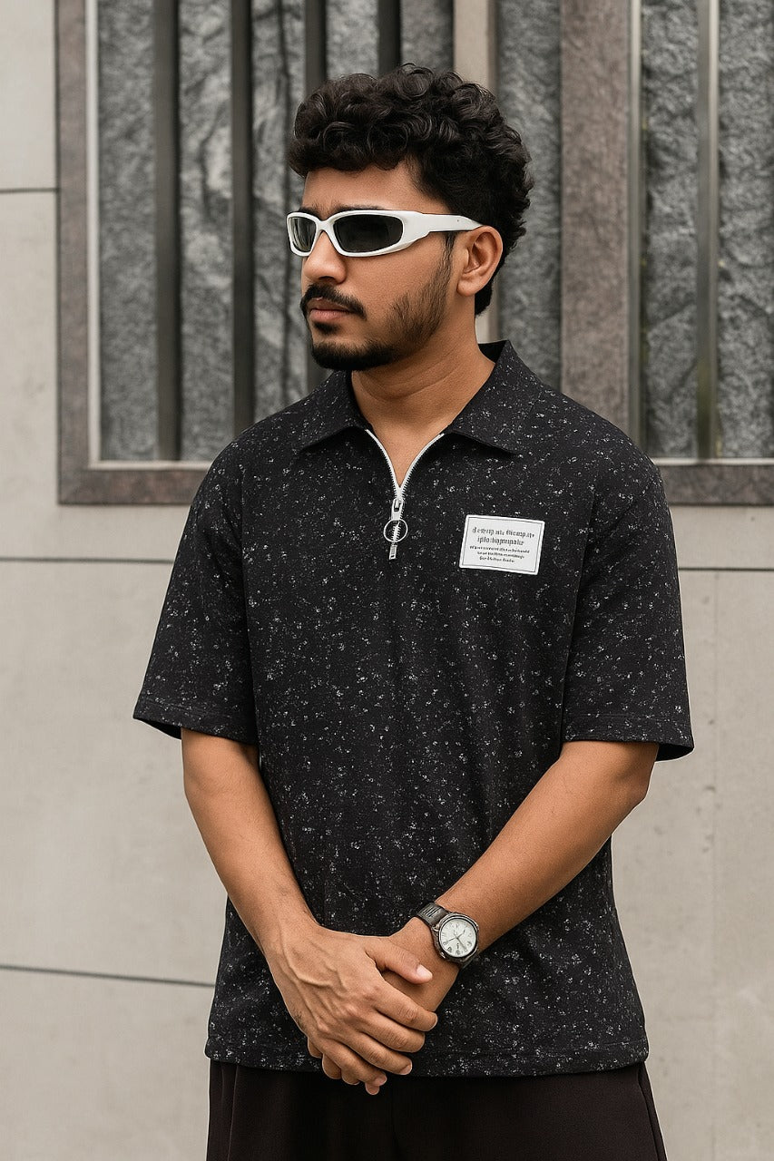 Half-Zip Speckled Polo Streetwear Tee – Black