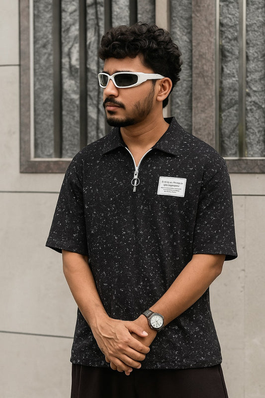 Half-Zip Speckled Polo Streetwear Tee – Black
